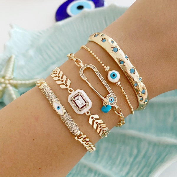 Evil Eye Bracelet, Gold Bangle Bracelet, White Evil Eye Bracelet, Adjustable Bracelet, Safety Pin Charm Bracelet, Evil Eye Jewelry