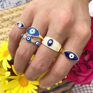 Blue Evil Eye Ring, Gold Adjustable Ring, Delicate Ring Gifts for Women Girls, Greek Ring image 3