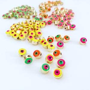 Neon Evil Eye Beads, Shiny Gold Plated Eye Charms, BULK, Gold Evil Eye Spacer Beads, DIY Evil Eye Bracelet, Spacer Bead, Double sided Enamel