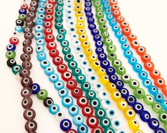Evil Eye Beads, 6mm to 12mm Glass Beads, Flat Round Beads, Strand of 35 to 65, Lamp work Glass, Evil Eye Jewelry, DIY Jewelry Supply