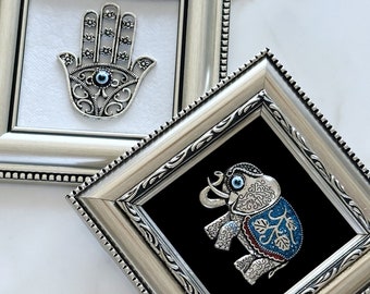 Evil Eye Wall Hanging, Lucky Evil Eye Wall Decor, Hamsa Hand Wall Art, Lucky Elephant Frame, House Protection, Turkish Evil Eye