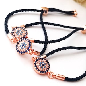 Minimalist Evil Eye Bracelet, Adjustable String Bracelet, Rose Gold Evil Eye Charm wit Zircon, Dainty Evil Eye Jewelry, Good Luck Charm