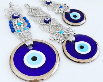 Evil eye wall hanging, gold macrame wall hanging, gold evil eye bead, evil eye home decor, blue glass evil eye, greek evil eye, home gift