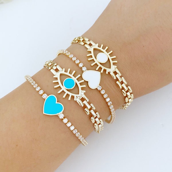 Evil Eye Bracelet Gold, Heart Bracelet for Women, Love Bracelet, Evil Eye Jewelry, Gold Tennis Bracelet, Crystal Bracelet, Bridal Jewelry