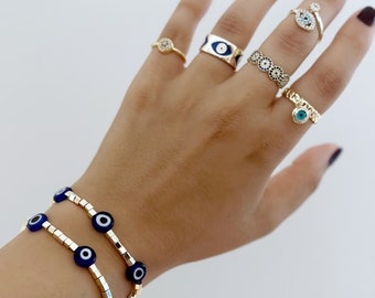 Greek Evil Eye Jewelry, Evil Eye Bracelet & Ring, Christmas Gift for Her, Gold Chain Bracelet, Adjustable Gold Ring