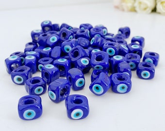 100 pcs Big Evil Eye Cube Beads, Blue Glass Evil Eye Bead, DIY Evil Eye Supply, Murano Glass Bead, Evil Eye Bracelet Necklace, Nazar Bead