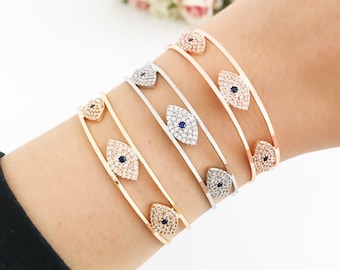 Elegant Evil Eye Cuff Bracelet with Zircon, Stylish Evil Eye Jewelry, Adjustable Wide Cuff Bracelet, Birthday Gift for Her