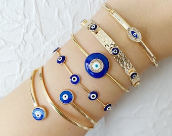 Blue Evil Eye Bracelet, Handmade Cuff Bracelet, Gold Bangle Bracelet, Blue  Greek Evil Eye, Evil Eye Protection Bracelet, Evil Eye Jewelry