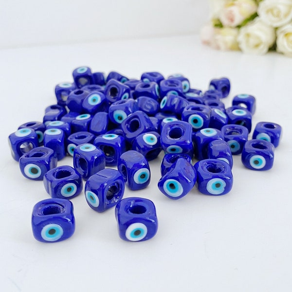 100 pcs Big Evil Eye Cube Beads, Blue Glass Evil Eye Bead, DIY Evil Eye Supply, Murano Glass Bead, Evil Eye Bracelet Necklace, Nazar Bead
