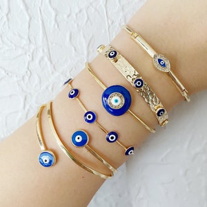 Blue Evil Eye Bracelet, Handmade Cuff Bracelet, Gold Bangle Bracelet, Blue Greek Evil Eye, Evil Eye Protection Bracelet, Evil Eye Jewelry