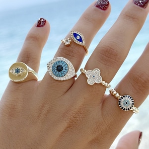 Stacking Ring, Evil Eye Ring, Gold Adjustable Ring, Christmas gift for Her, Greek Evil Eye Jewelry, Birthday Gift for Women