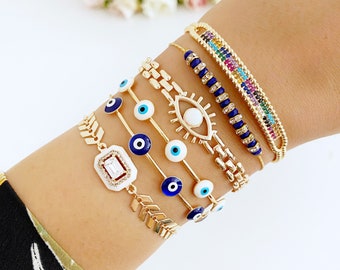 Blue Evil Eye Bracelet, Bangle Evil Eye Bracelet, Gold Chain Bracelet, Crystal CZ Bracelet, Greek Evil Eye Bracelet, Turkish Evil Eye