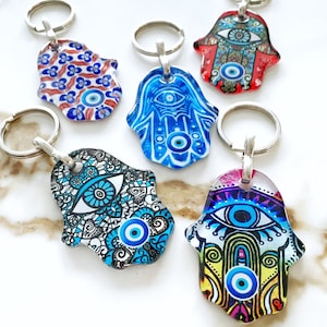 Hamsa Evil Eye Keychain, Patterned Glass Hamsa Keychain, Hamsa Hand Charm, Silver Key Chain, Evil Eye Jewelry, Evil Eye Protection Gift, Bag