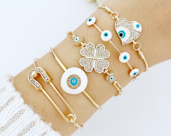 White Evil Eye Bracelet, Zircon Evil Eye Charm, Gold Evil Eye Jewelry, Cuff Bracelet, Chain Bracelet, Safety Pin Bracelet, Heart Charm