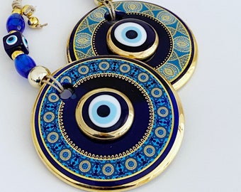 Blue evil eye wall hanging, elegant evil eye home decor, patterned wall hanging, protection home gift, turkish evil eye, large evil eye bead