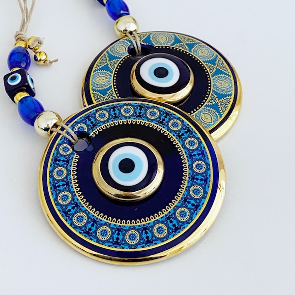 Blue evil eye wall hanging, elegant evil eye home decor, patterned wall hanging, protection home gift, turkish evil eye, large evil eye bead