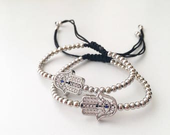Bracelet hamsa en argent, bracelet en zircone, bracelet en perles hamsa, bracelet réglable, bracelet en argent, bijoux à main hamsa, bracelet rose