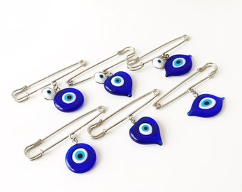 Evil eye bead, evil eye safety pin, murano evil eye bead, silver safety pin, baby pins, glass evil eye charm, stroller pin, evil eye brooch