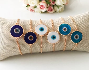 Evil eye bracelet, murano glass evil eye bracelet, blue glass evil eye charm, murano bracelet, adjustable bracelet, rose gold bracelet
