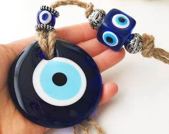 Evil eye home decor, evil eye wall hanging, turkish evil eye bead, blue glass evil eye beads, large evil eye wall hanging, macrame decor