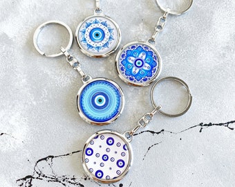 Greek Evil Eye Key Chain, Good Luck Keychain, Silver Keychain, Blue Evil Eye