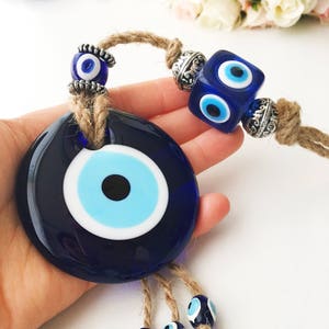 Evil eye home decor, evil eye wall hanging, turkish evil eye bead, blue glass evil eye beads, large evil eye wall hanging, macrame decor image 1