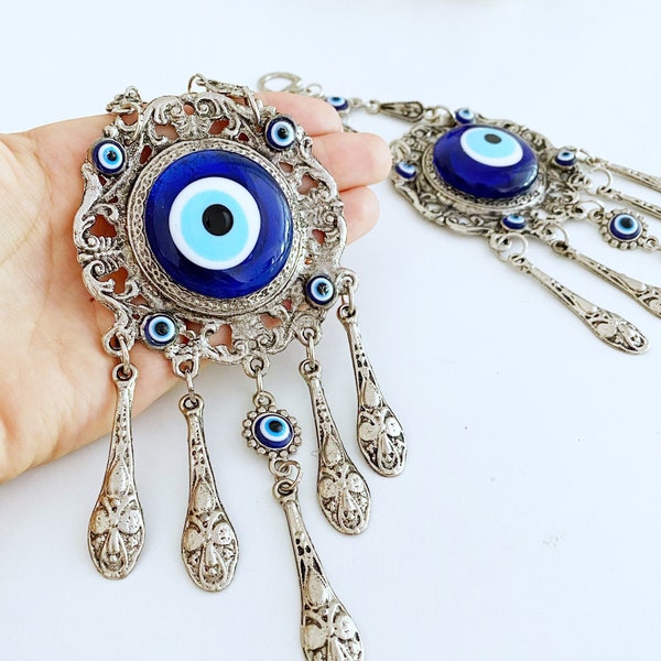 Evil eye wall decor, evil eye wall hanging, turkish evil eye, blue glass evil eye bead, metal wall hanging, home decoration gift, nazar bead