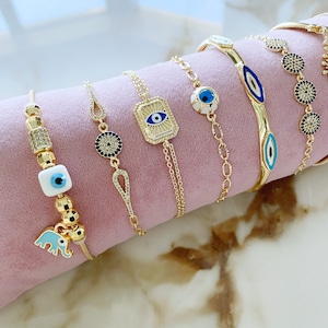 Gold Evil Eye Bracelet, Chain Bracelet, Cuff Bracelet, Evil Eye Jewelry, 14K Gold Bracelet, Adjustable Bracelet, Evil Eye Talisman, Greek image 3