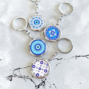 Greek Evil Eye Key Chain, Good Luck Keychain, Silver Keychain, Housewarming Gift Idea, Birthday Gift for Him, Key Ring for Women