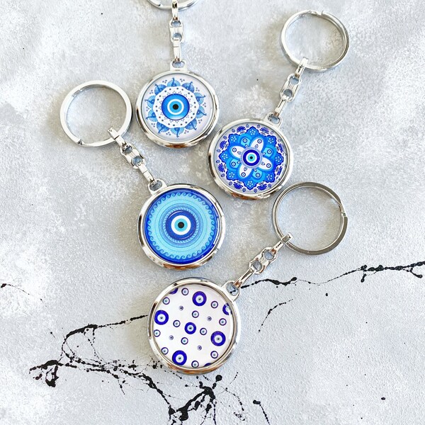 Greek Evil Eye Key Chain, Good Luck Keychain, Silver Keychain, Blue Evil Eye