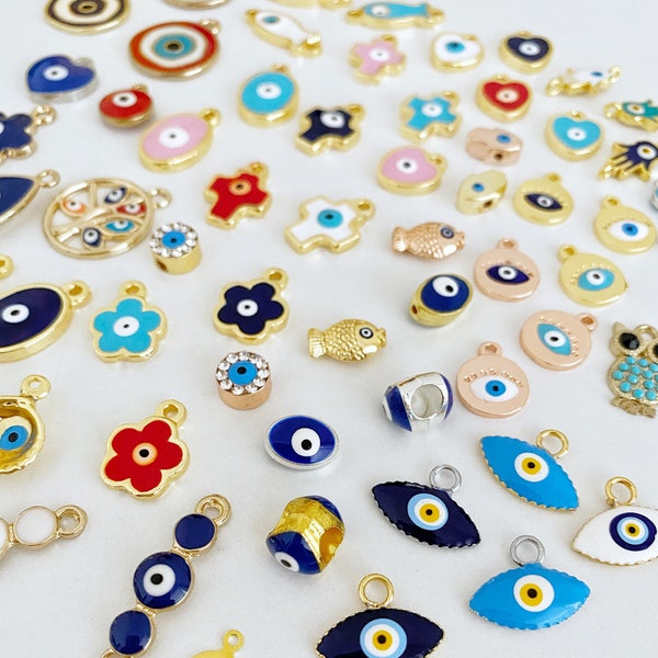 Evil eye charm, BULK 1 to 100 pcs, gold silver evil eye pendant, evil eye enamel beads, blue turkish evil eye, gold brass charm, bracelet