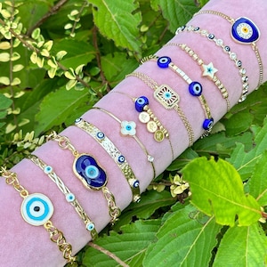 Blue Evil Eye Bracelet, Gold Cuff Bracelet, Greek Evil Eye Jewelry Gift for Her, Adjustable Evil Eye Charm Bracelet, Christmas Gift Ideas