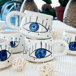 Ręcznie robiony kubek do kawy, kubek Evil Eye, prezent na samoopiekę, najlepszy prezent świąteczny, kubek na prezent Hygge, herbata ziołowa, prezent dla miłośnika kawy, kubek do herbaty, grecki prezent świąteczny