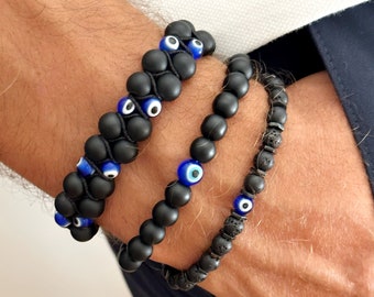 Onyx Bracelet with Evil Eye, Men Bracelet, Popular Gift for Men, Men Jewelry, Adjustable Bracelet, Gemstone Bracelet