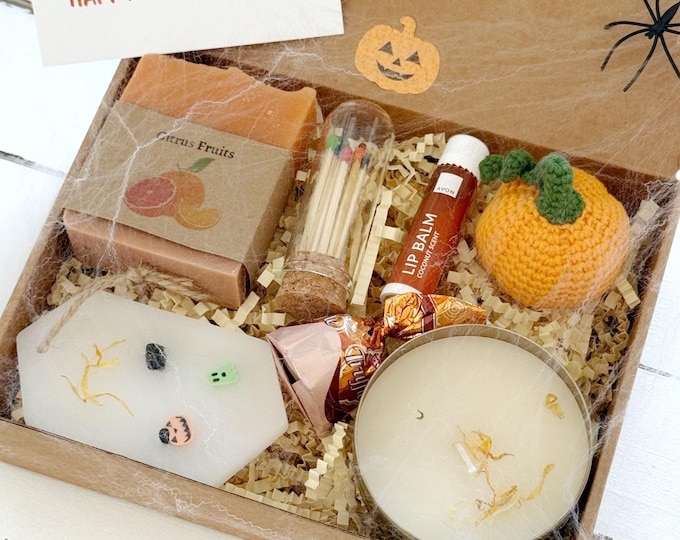 Halloween Gift Box with Soy Candle, Handmade Soap, Crochet Pumpkin & Chocolate