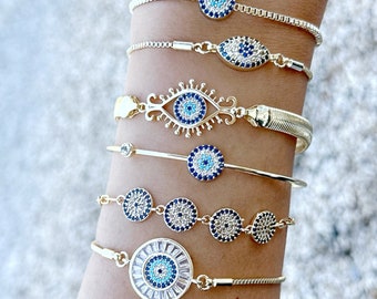 Evil Eye Bracelet, Gift Bracelet for Friend, Evil Eye Jewelry, Gold Bracelet with Zircon, Cuff Adjustable Chain Bracelets, Lucky Charm