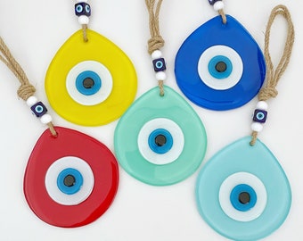 Evil Eye Wall Hanging, Fused Glass Bead, Evil Eye Home Decor, Colorful Teardrop Evil Eye Bead, Unique Glass Wall Hanging, Greek Lucky Charm
