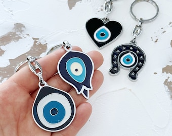 Greek Evil Eye Keychain, Blue Evil Eye, Birthday Gift Keychain, Evil Eye Keyring, Silver Keychain, Horseshoe Heart Tulip Keychains