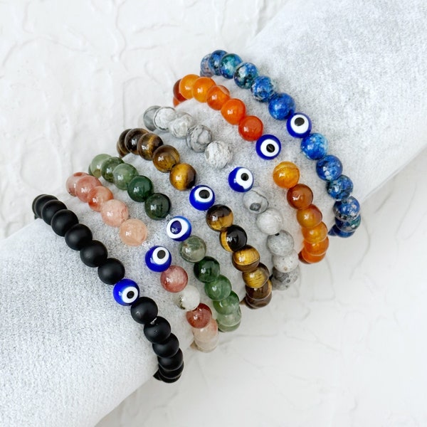 Natural Gemstone Bracelets for Men Women, Evil Eye Bracelet, Stretchy Crystal Bracelet for Men, Blue Greek Evil Eye