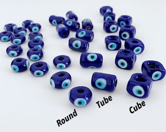 Blue Glass Evil Eye Beads, BULK Murano Beads, Cube Tube Round Shape Beads, Evil Eye Jewelry DIY Supply, Blue Pandora Charm, Greek Evil Eye