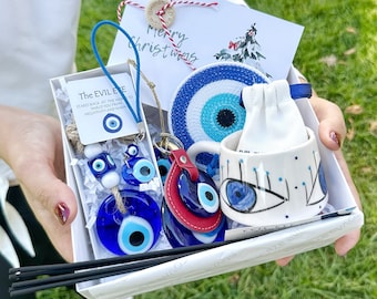 Christmas Gift Box Evil Eye, Greek Evil Eye Bead Jewelry, Gift Basket for Men Women, Self Care Package, House Protection, Spiritual Gift Box