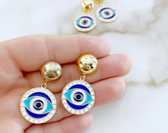 Gold Evil Eye Hoop Earrings, Greek Evil Eye Jewelry for Protection