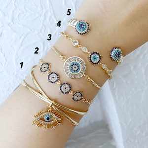 Gold Zircon Evil Eye Bracelet, Zircon Evil Eye Charm, Gold Cuff Bracelet, Evil Eye Chain Bracelet, Minimalist Jewelry, Tarnish Free