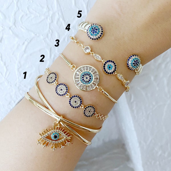 Gold Zircon Evil Eye Bracelet, Zircon Evil Eye Charm, Gold Cuff Bracelet, Evil Eye Link Chain Bracelet, Minimalist Jewelry, Tarnish Free