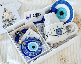 Best Holiday Gifts, Hygee Gift Box with Evil Eye, Greek Christmas Gift, Evil Eye Wall Hanging, Sending Hug Gift, Cozy Gift Box with Mug