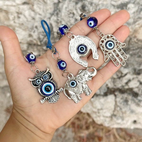 Evil Eye Car Charm Amulet, Silver Rear Mirror Car Charm, Evil Eye Protection for Car, Evil Eye for Car Gift for Her