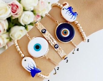 Evil Eye Bracelet, Bangle Bracelet, Murano Evil Eye Bead, Fish Elephant Charm Bracelet, Good Luck Bracelet, Blue Evil Eye, Rose Gold