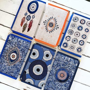 Evil Eye Notebook - Woven Fabric Travel Journal, Lined Journal, Spiritual Diary Gift for Her, Boho Sketchbook, Minimalist Evil Eye Diary