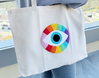 SALE Evil Eye Punch Tote Bag, Punch Needle Organic Bag, Hand Tufted Bag, Greek Evil Eye, LGBT, Eco Bag