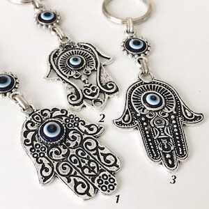 Silver Hamsa Keychain with Evil Eye, Hamsa Hand Key Ring, Yoga Keychain, Hand of Fatima Key Chain